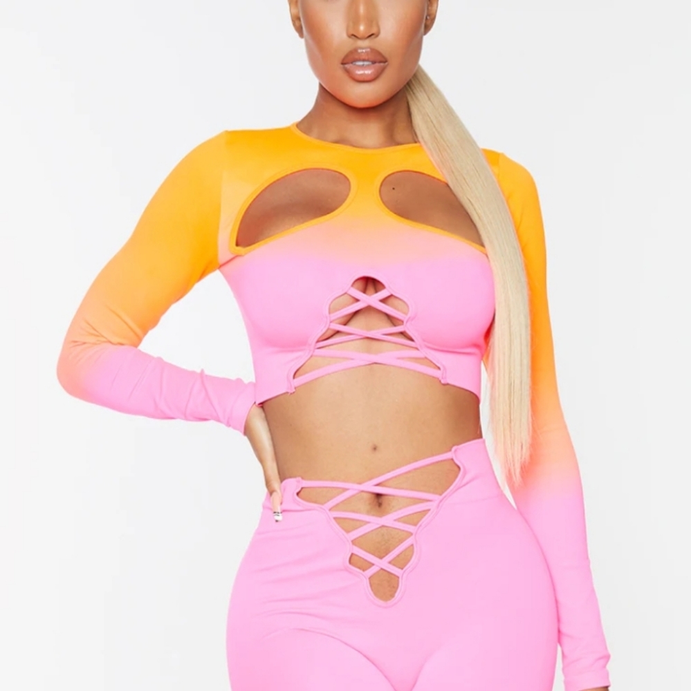 Sexy Prettylittlething plt shape ombre lace up cutout sports top (only) Large